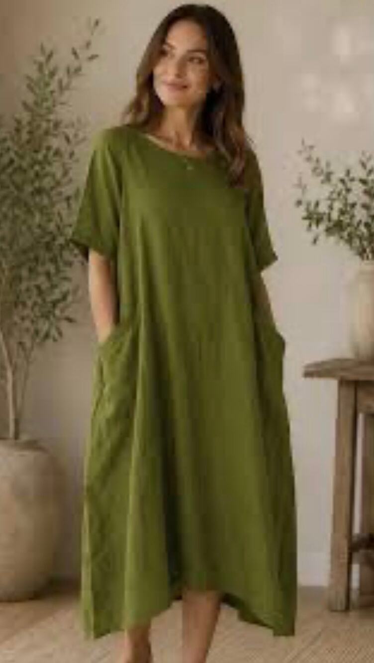 FLAX Linen Slouch Pocket Dress Relaxed Fit Short Sleeves - Size Large